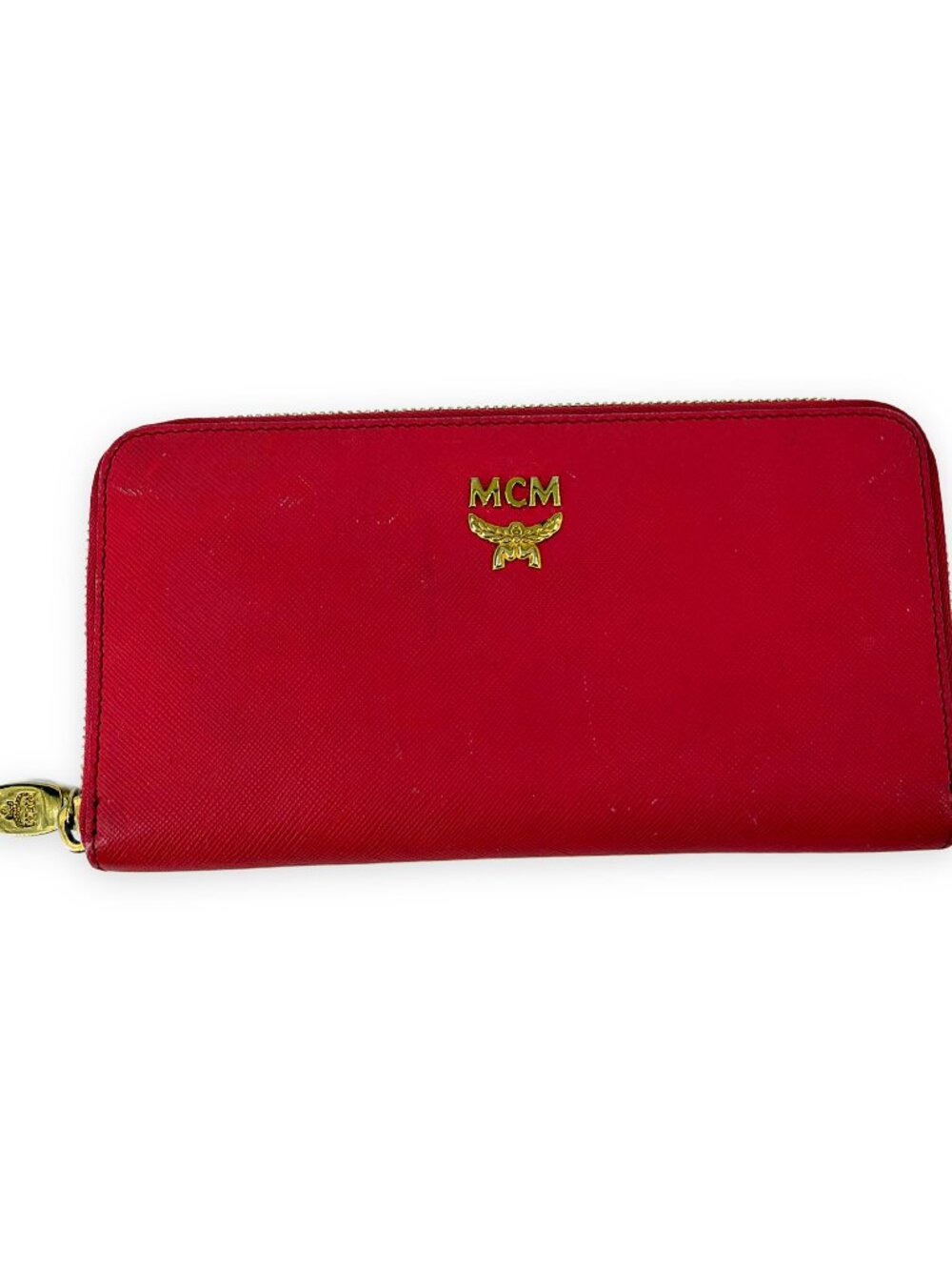MCM Red Saffiano Leather Zip Around Continental Wallet Gold